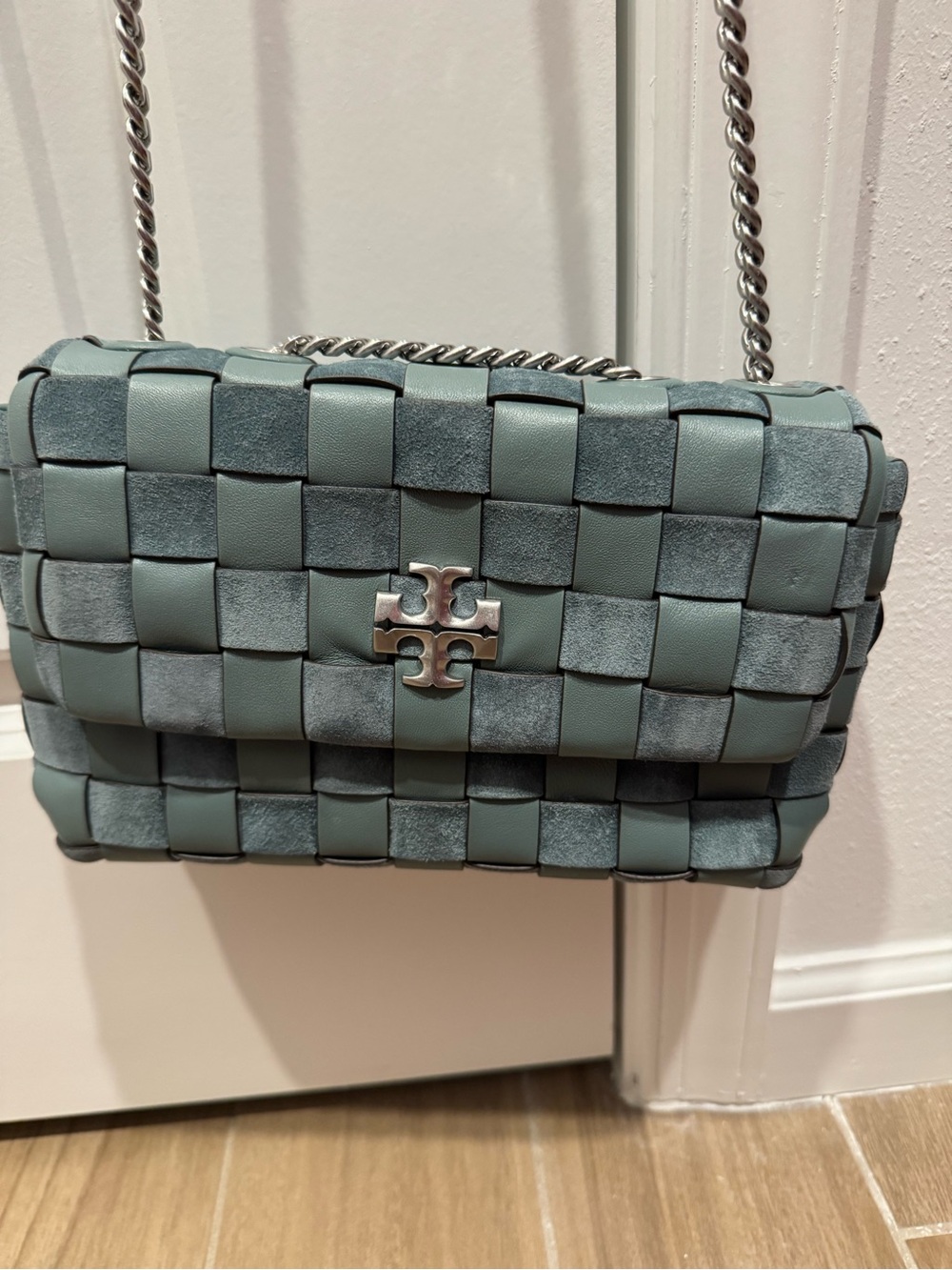 Tory Burch Woven Suede & Leather Crossbody in Sage Blue
